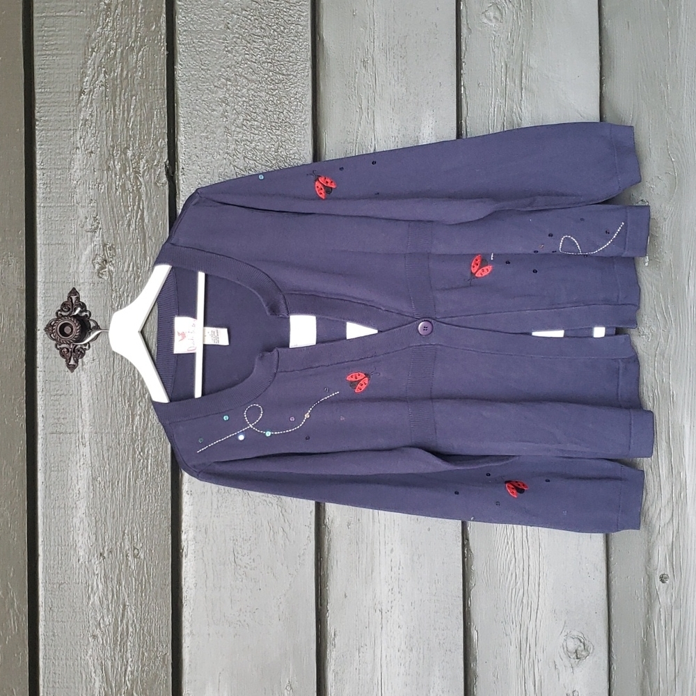 QUACKER FACTORY Vintage Ladybug Twofer Cardigan Sweater sz L Women's Top